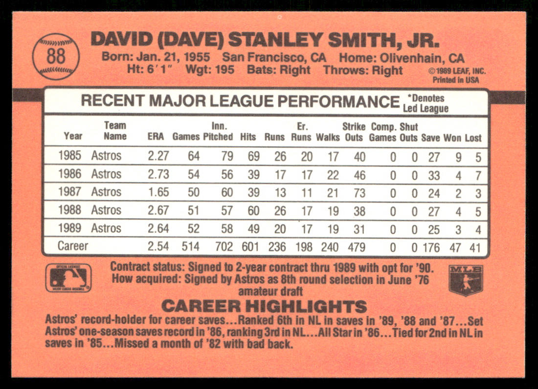 Dave Smith 1990 Donruss #88b Houston Astros