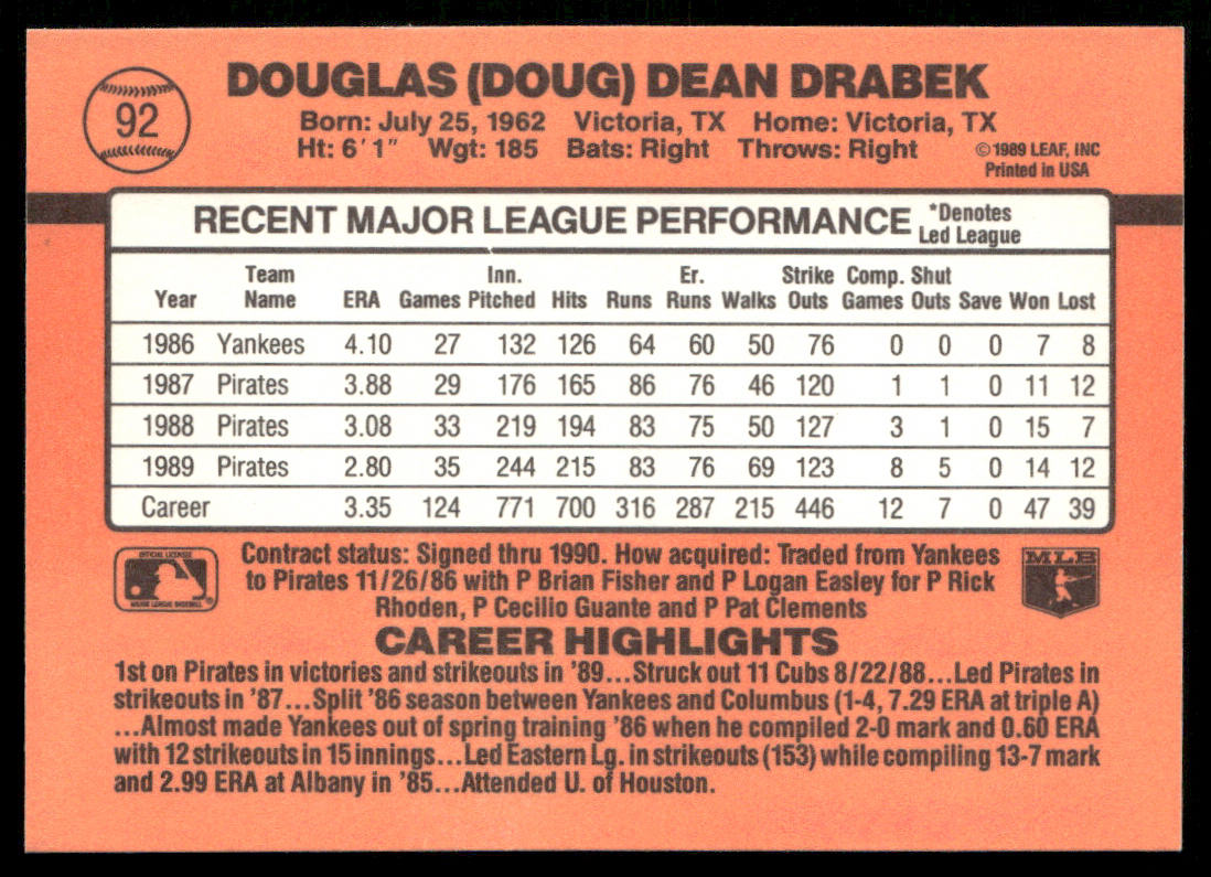 Doug Drabek 1990 Donruss #92b Pittsburgh Pirates