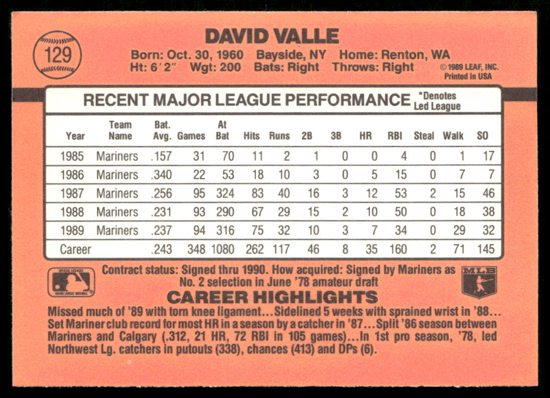 Dave Valle 1990 Donruss #129b Seattle Mariners