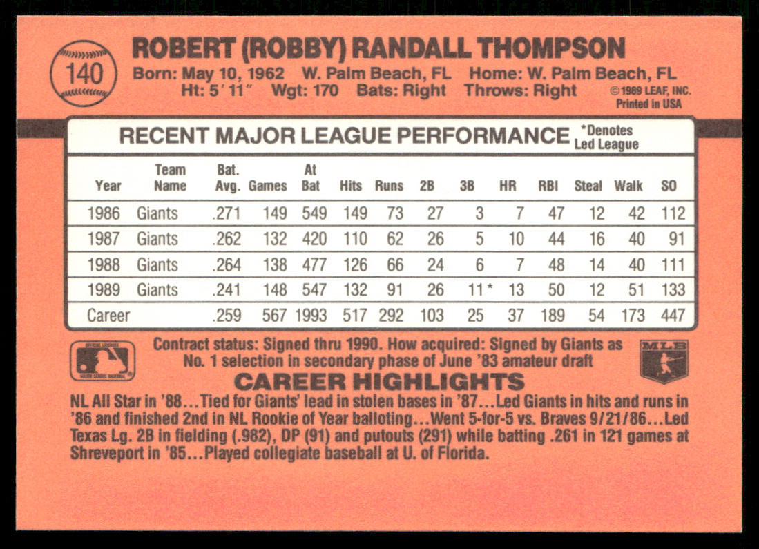 Robby Thompson 1990 Donruss #140b San Francisco Giants