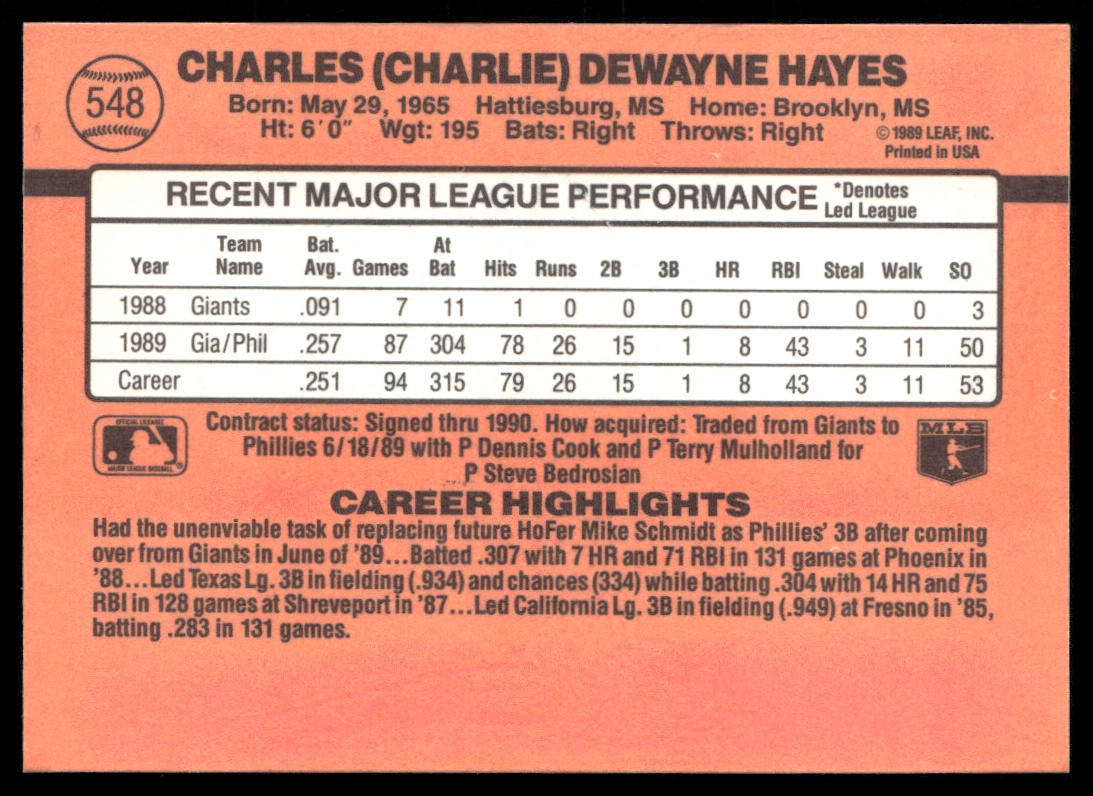 Charlie Hayes 1990 Donruss #548b Philadelphia Phillies