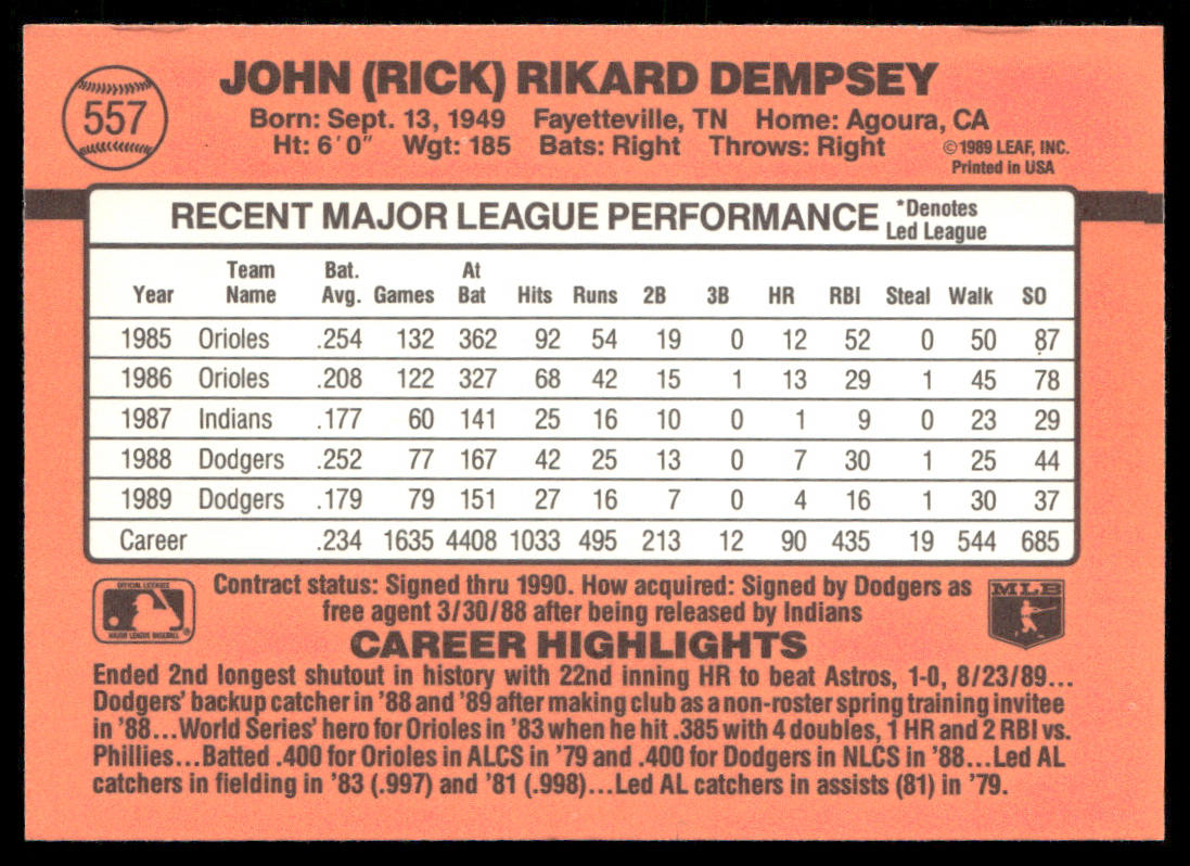 Rick Dempsey 1990 Donruss #557c Los Angeles Dodgers