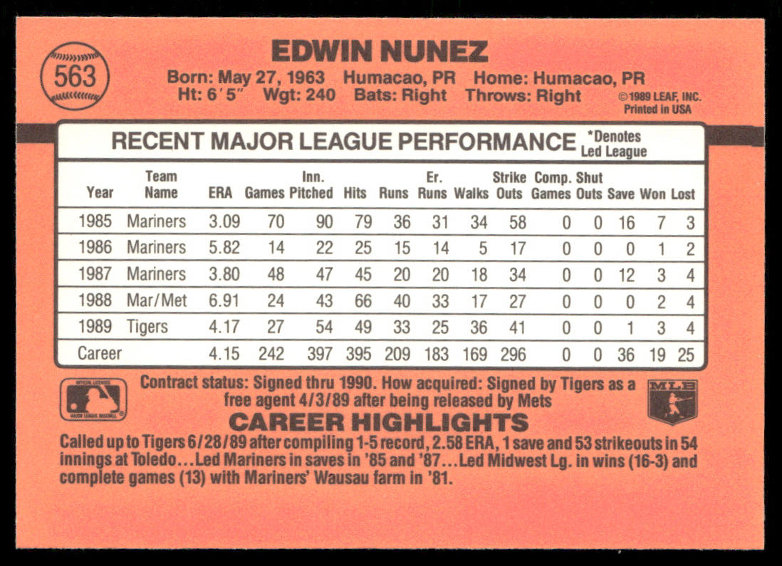 Edwin Nunez 1990 Donruss #563 Detroit Tigers