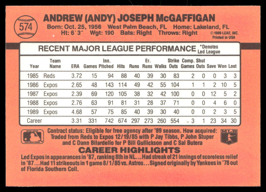 Andy McGaffigan 1990 Donruss #574 Montreal Expos