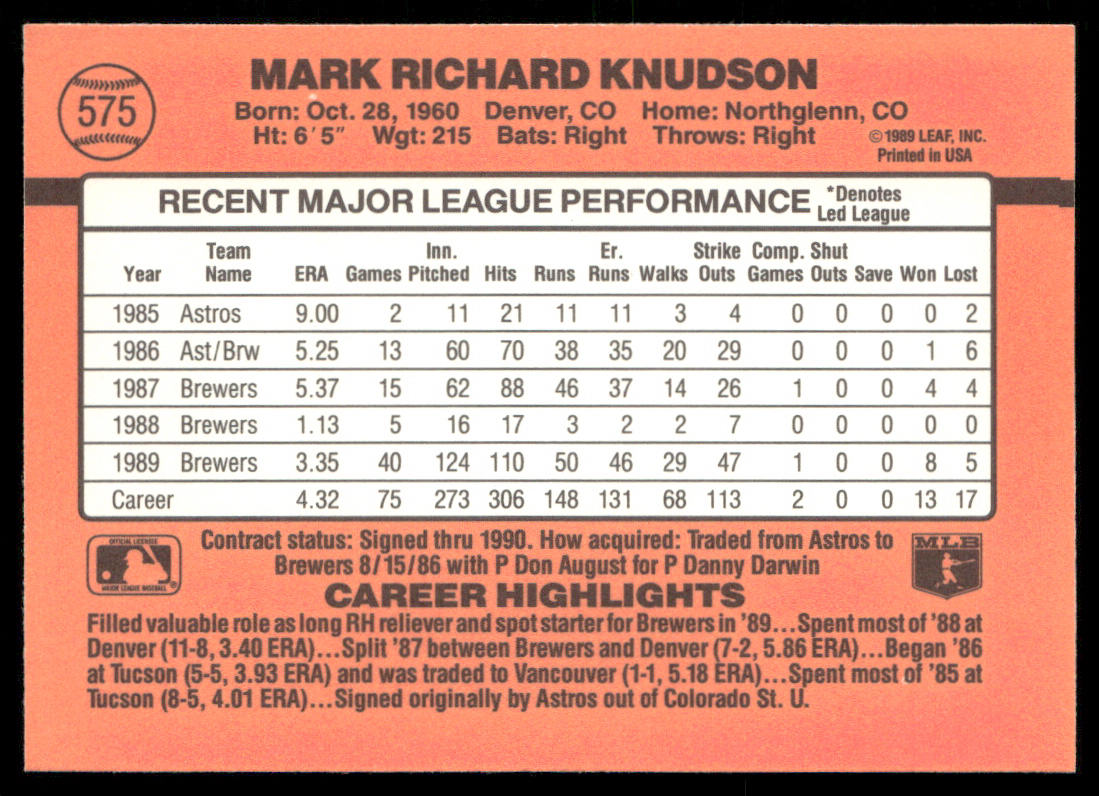 Mark Knudson 1990 Donruss #575c Milwaukee Brewers