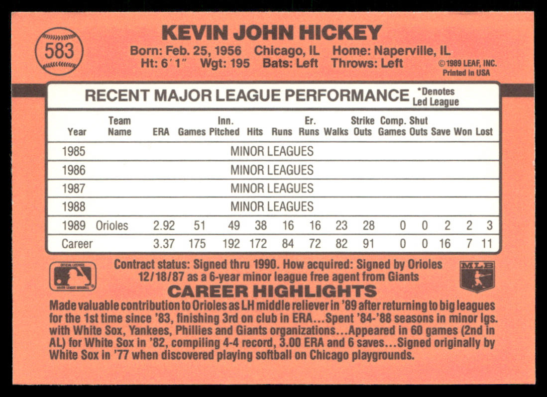 Kevin Hickey 1990 Donruss #583b ERR Baltimore Orioles