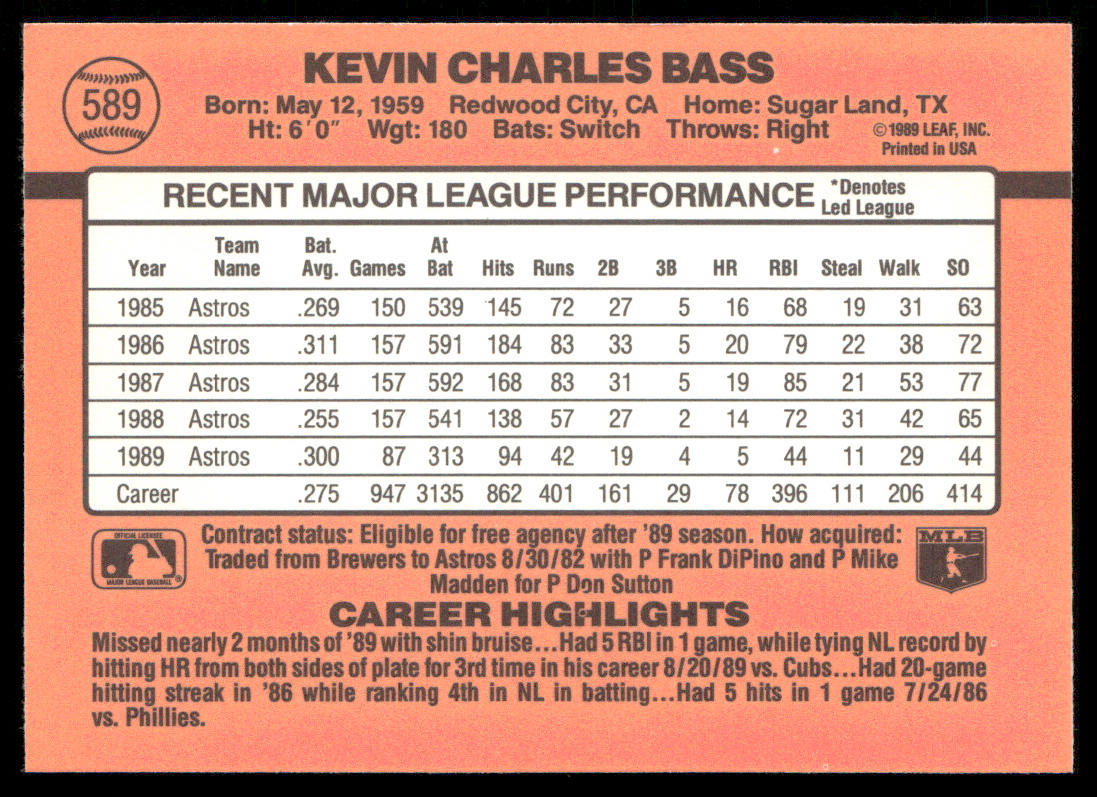 Kevin Bass 1990 Donruss #589 Houston Astros