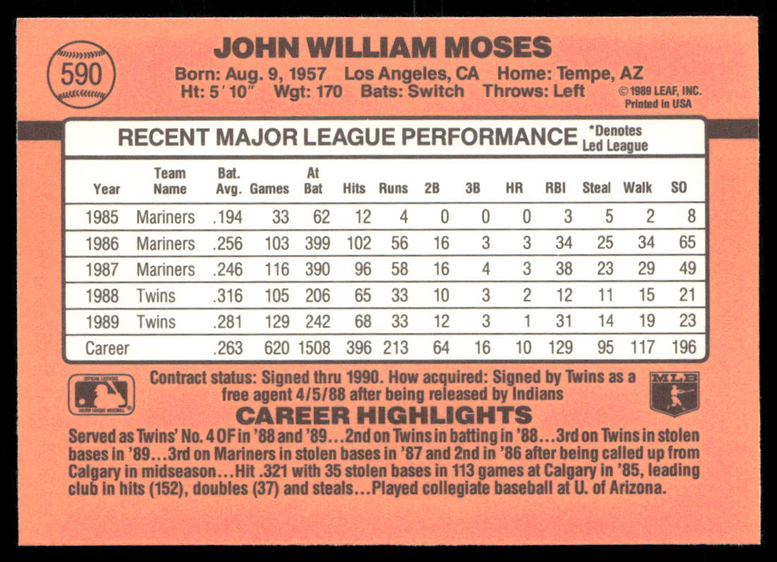John Moses 1990 Donruss #590 Minnesota Twins