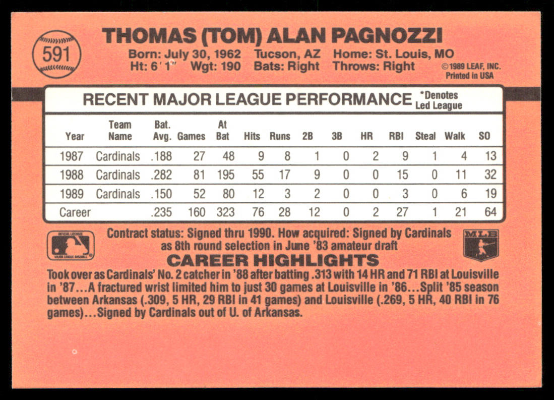 Tom Pagnozzi 1990 Donruss #591 St. Louis Cardinals