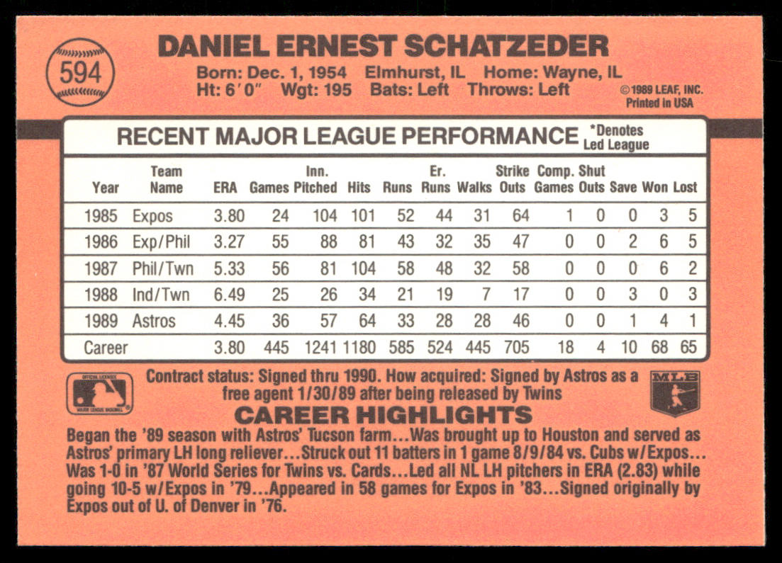 Dan Schatzeder 1990 Donruss #594b Houston Astros