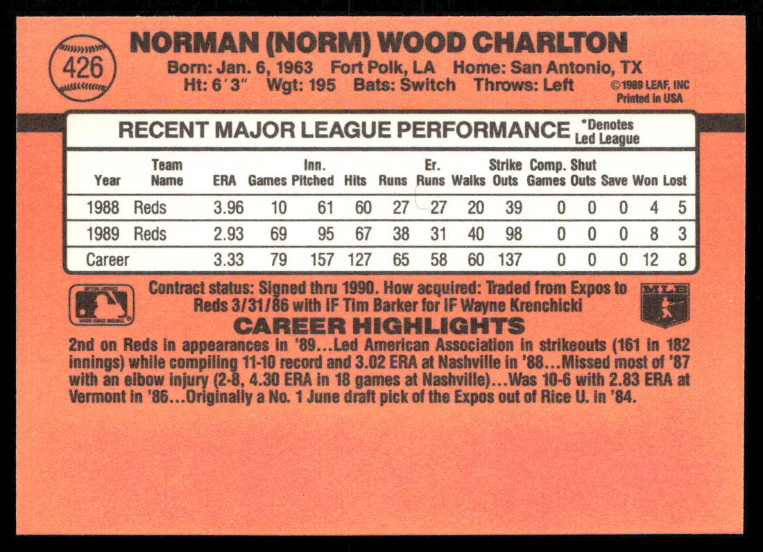 Norm Charlton 1990 Donruss #426b Cincinnati Reds