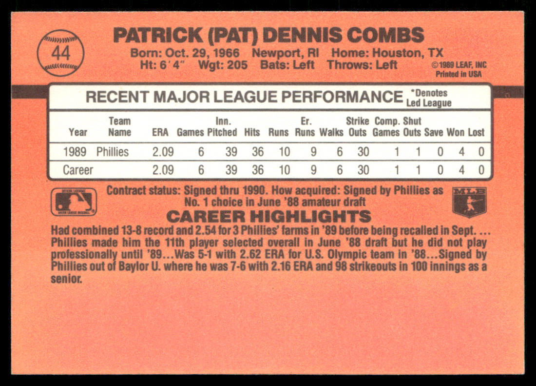 Pat Combs 1990 Donruss #44c Philadelphia Phillies