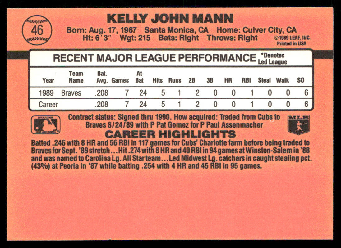 Kelly Mann 1990 Donruss #46 RC Atlanta Braves