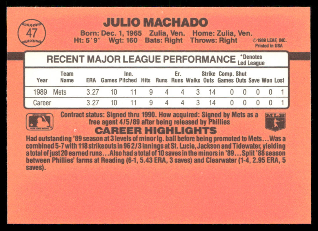 Julio Machado 1990 Donruss #47b RC New York Mets