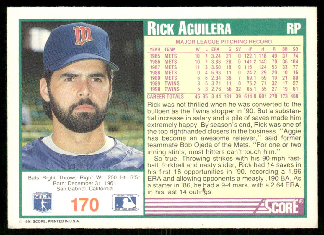 Rick Aguilera 1991 Score #170 Minnesota Twins