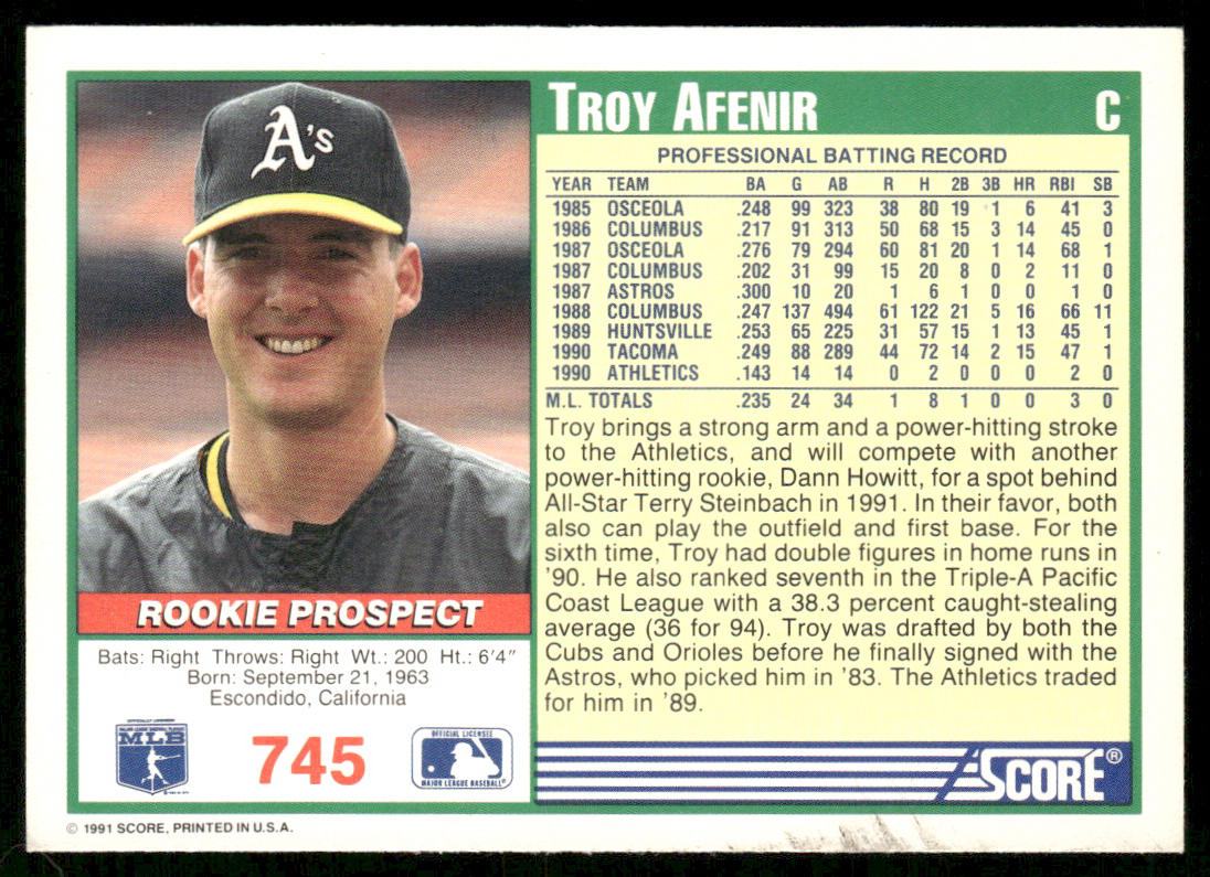 Troy Afenir 1991 Score #745 RC Oakland Athletics