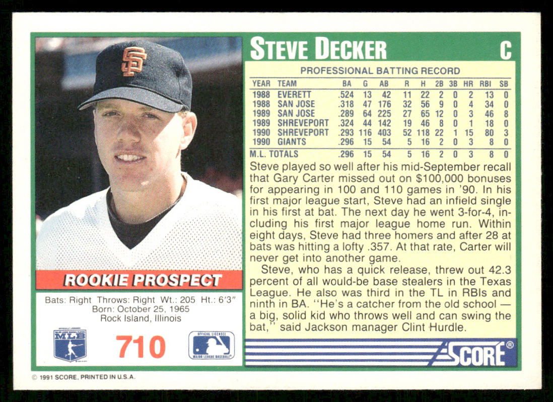 Steve Decker 1991 Score #710 RC San Francisco Giants