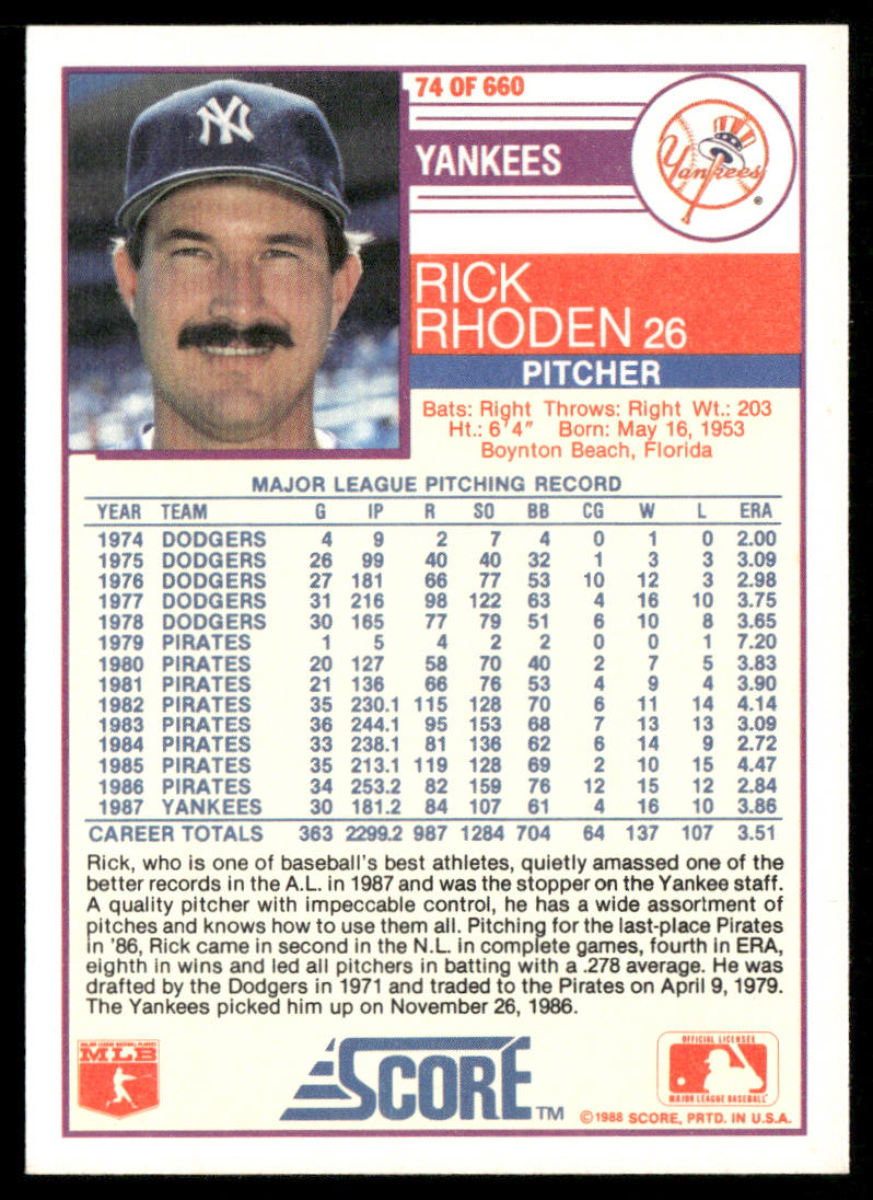 Rick Rhoden 1988 Score #74 New York Yankees