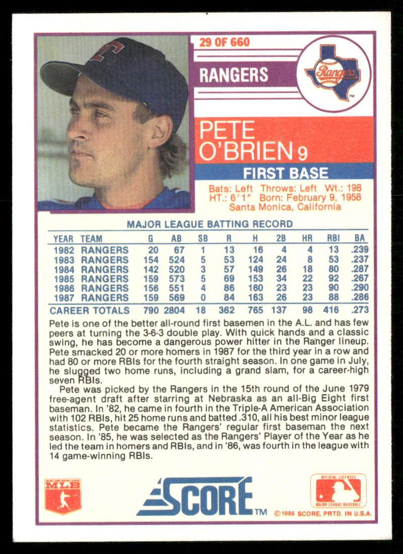 Pete O'Brien 1988 Score #29 Texas Rangers