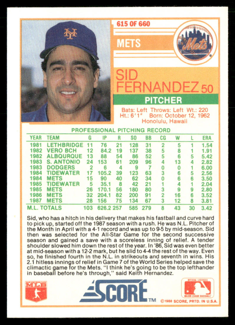 Sid Fernandez 1988 Score #615 New York Mets
