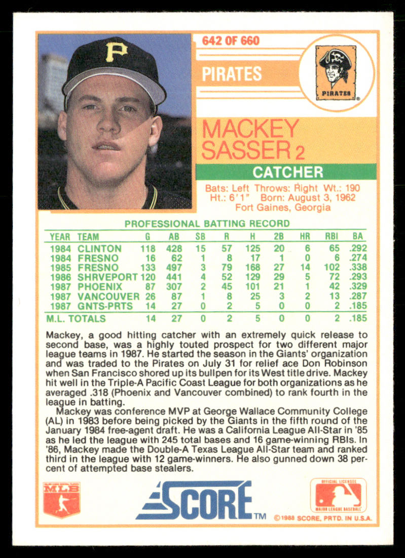 Mackey Sasser 1988 Score #642 RC Pittsburgh Pirates