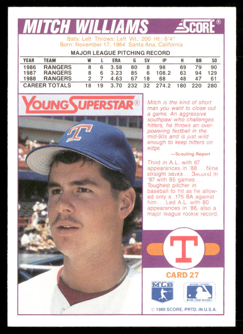 Mitch Williams 1989 Score Young Superstars 1 #27 Texas Rangers