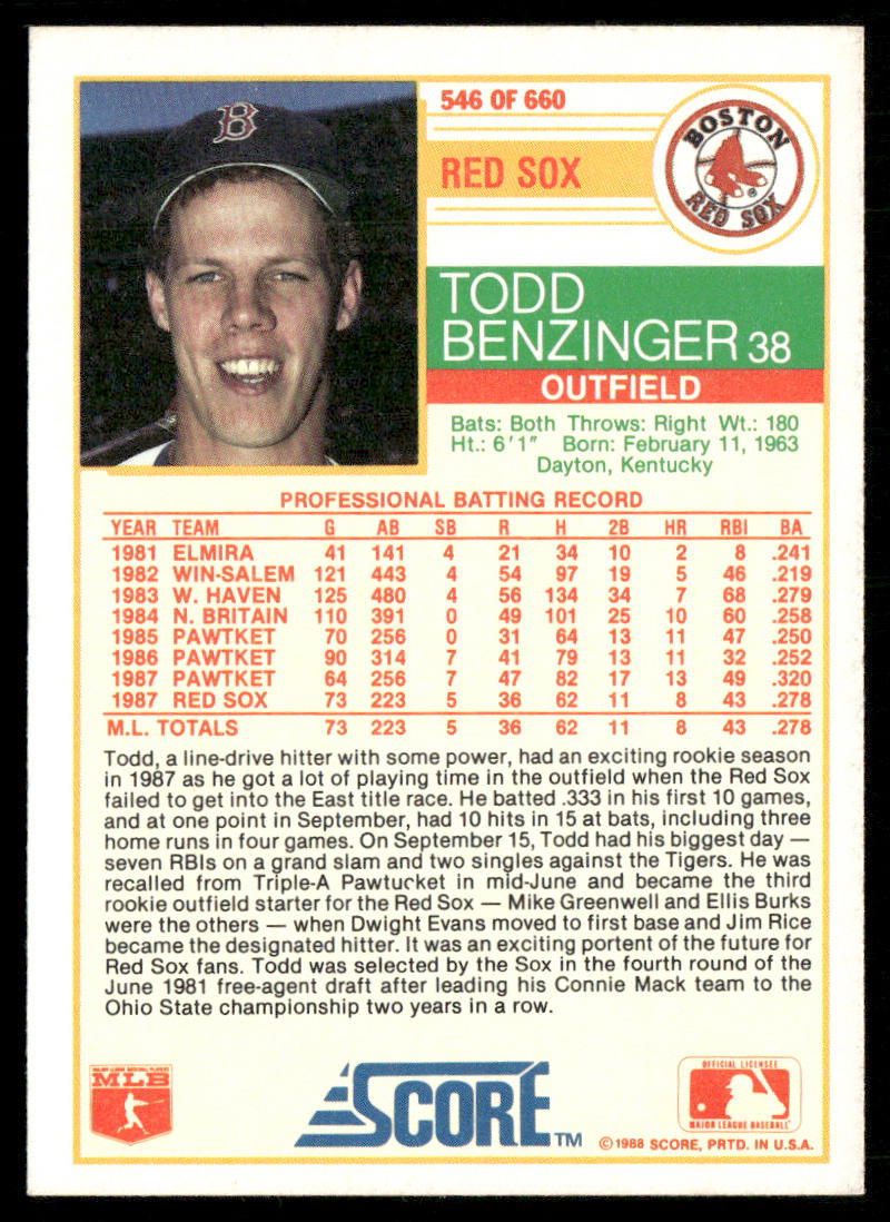 Todd Benzinger 1988 Score #546 RC Boston Red Sox