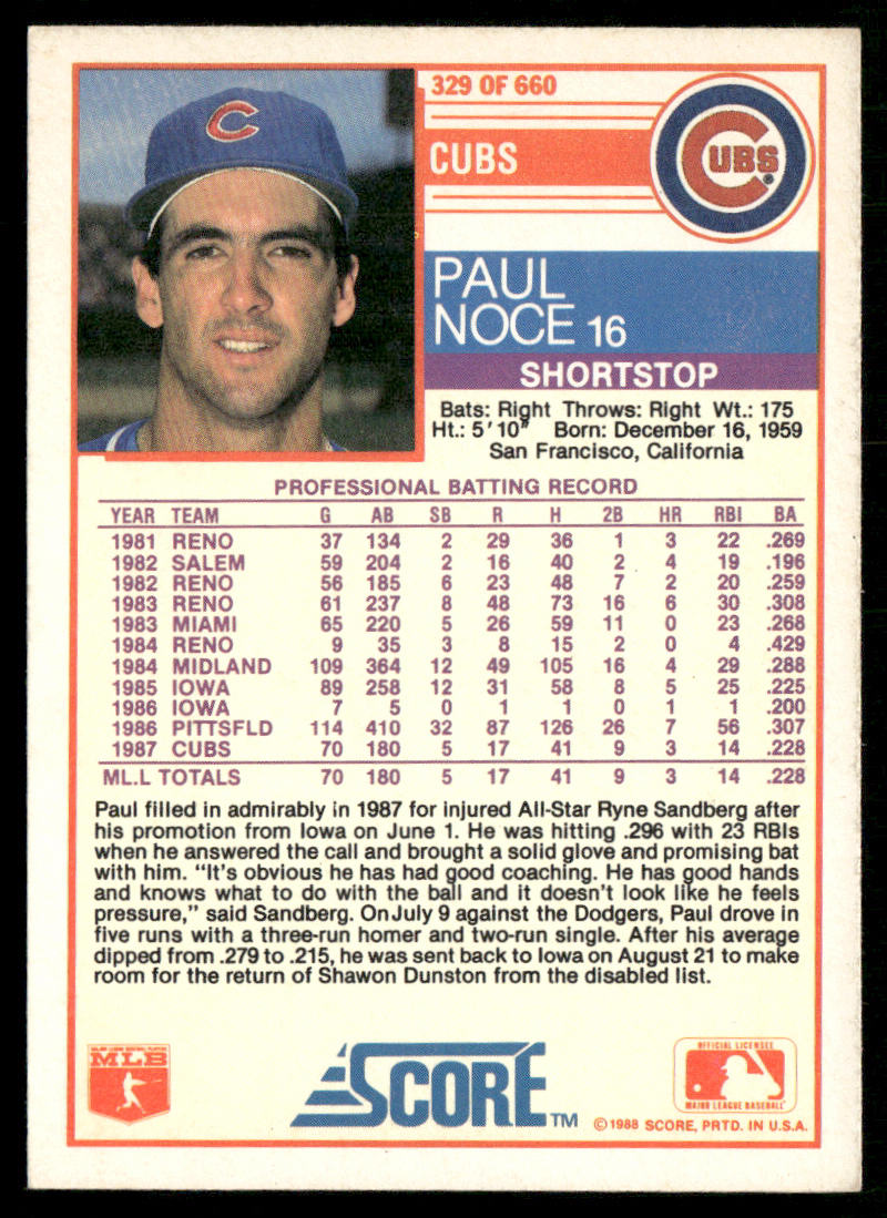Paul Noce 1988 Score #329 RC Chicago Cubs