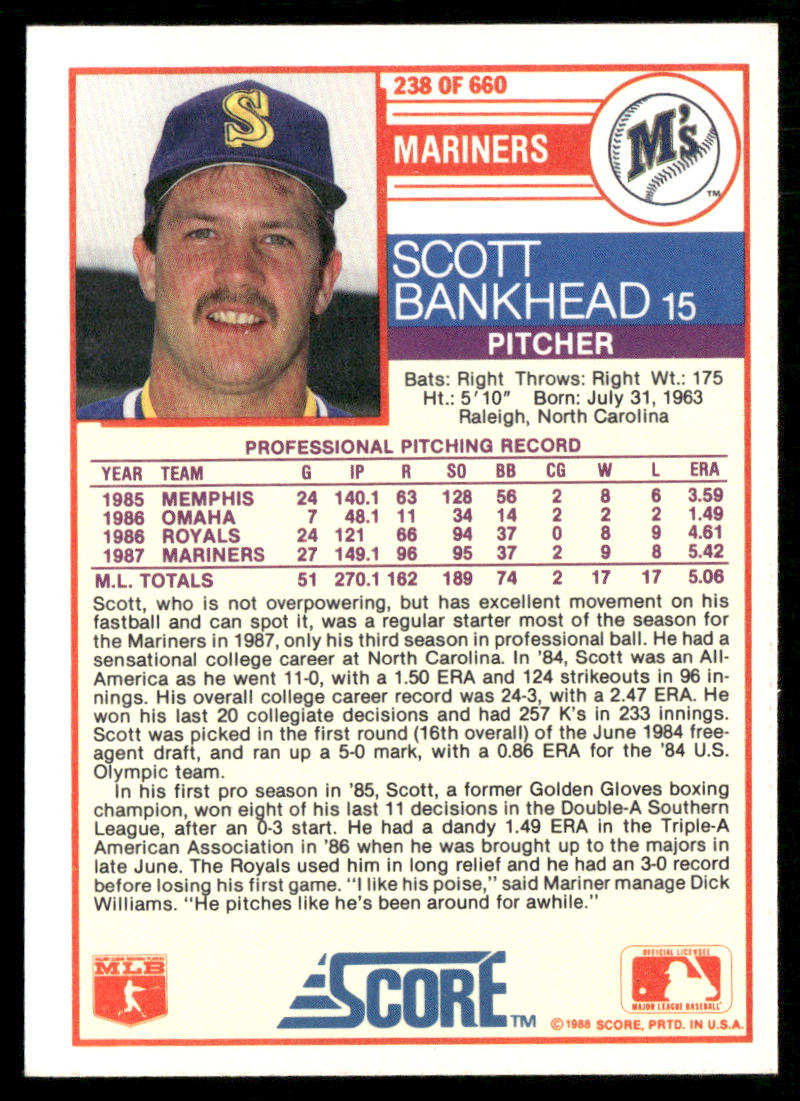 Scott Bankhead 1988 Score #238 Seattle Mariners