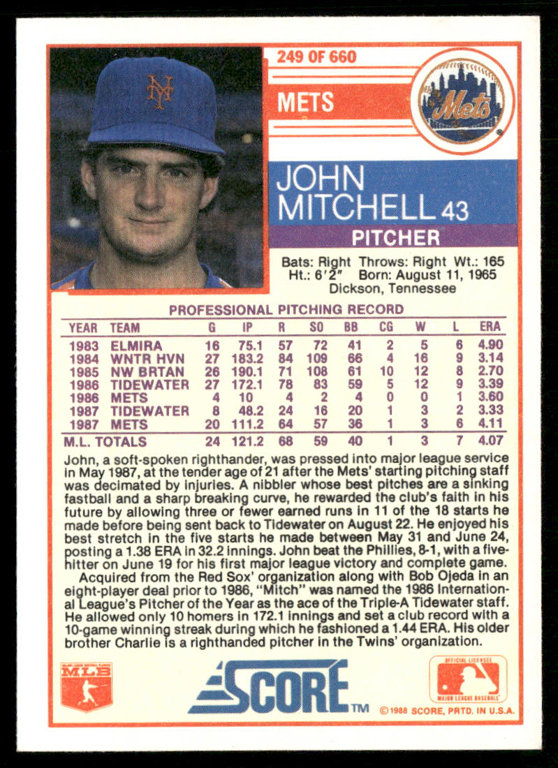 John Mitchell 1988 Score #249 RC New York Mets