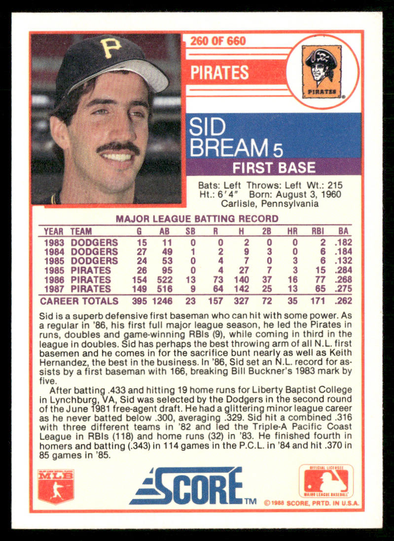 Sid Bream 1988 Score #260 Pittsburgh Pirates