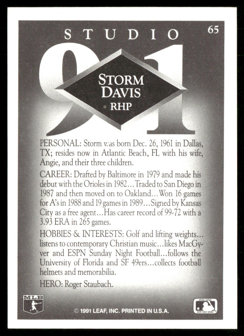 Storm Davis 1991 Studio #65 Kansas City Royals back