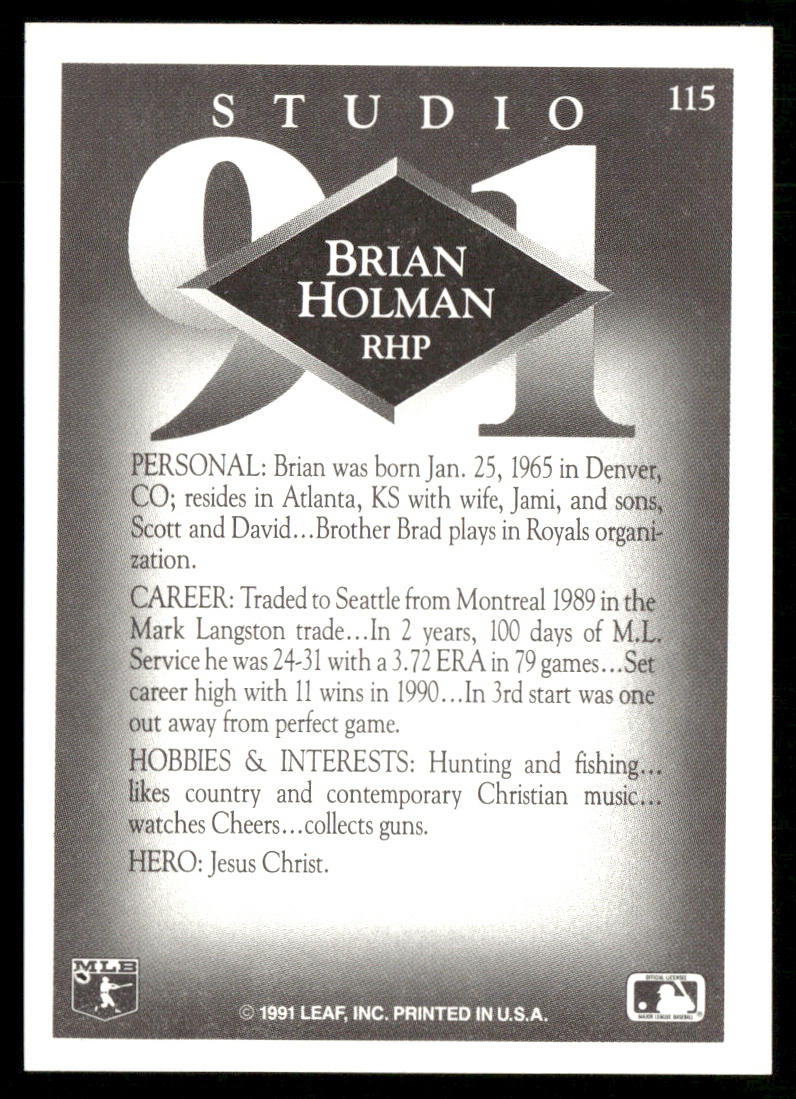 Brian Holman 1991 Studio #115 Seattle Mariners back
