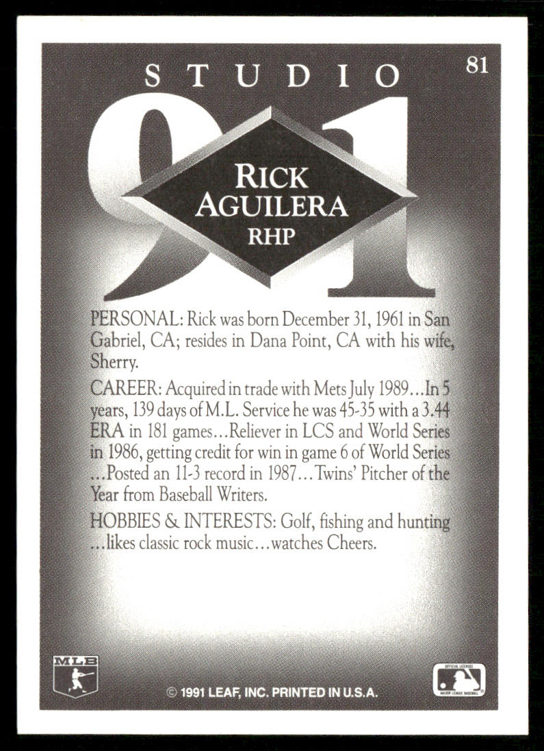 Rick Aguilera 1991 Studio #81 Minnesota Twins back