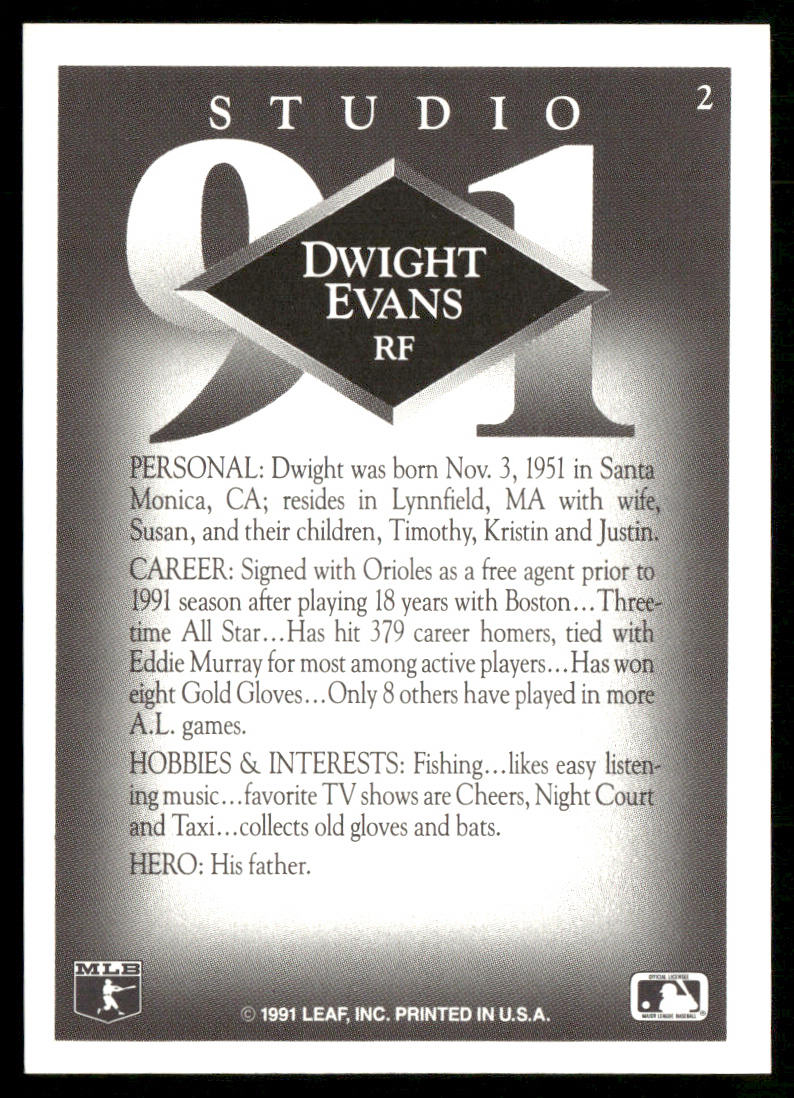 Dwight Evans 1991 Studio #2 Baltimore Orioles back