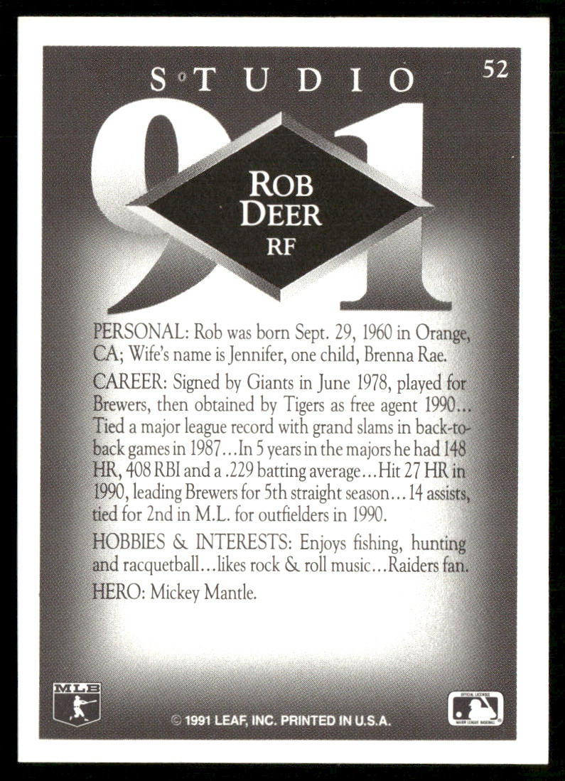 Rob Deer 1991 Studio #52 Detroit Tigers back