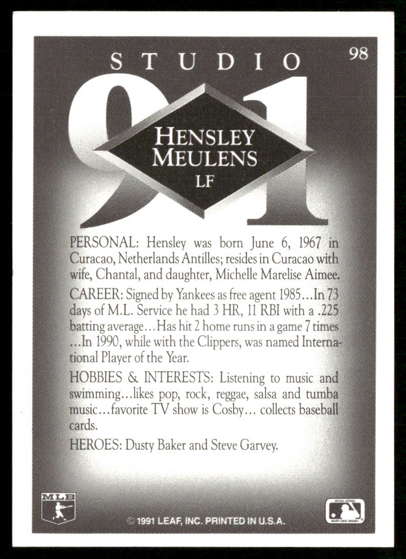 Hensley Meulens 1991 Studio #98 New York Yankees back