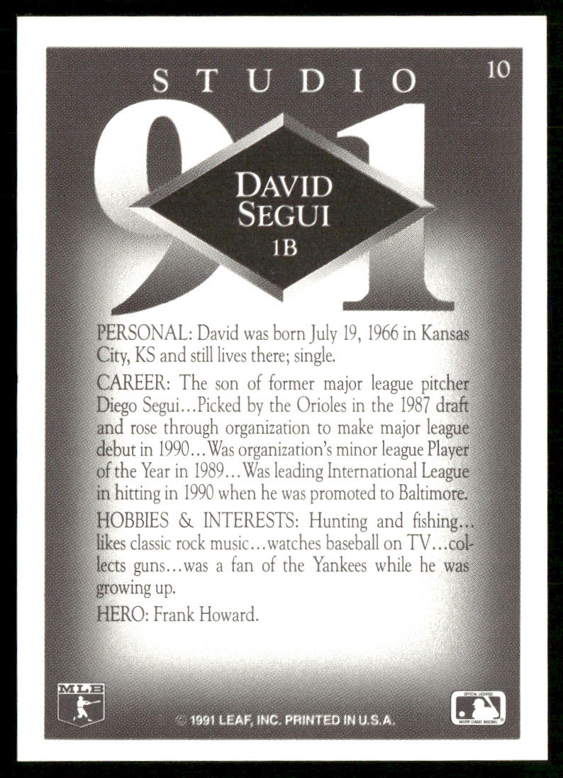 David Segui 1991 Studio #10 Baltimore Orioles back