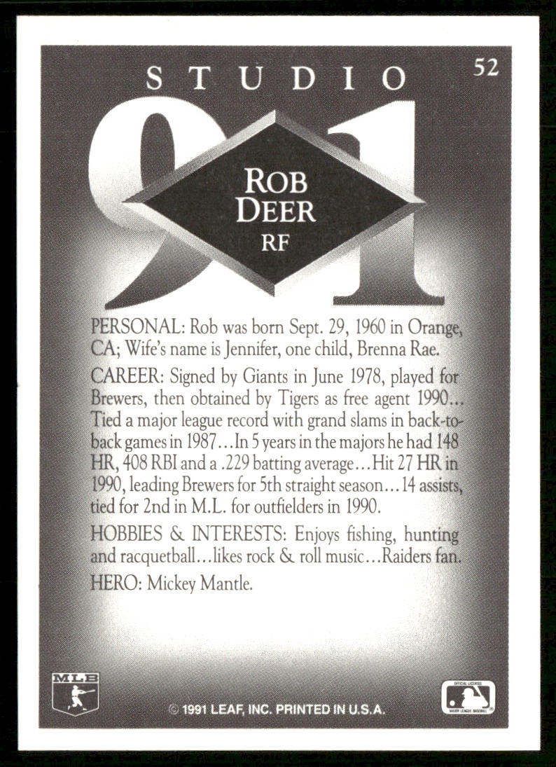 Rob Deer 1991 Studio #52 Detroit Tigers back