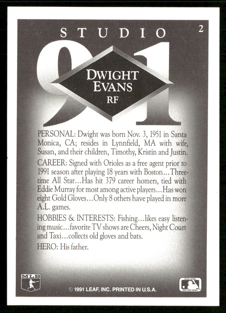 Dwight Evans 1991 Studio #2 Baltimore Orioles back