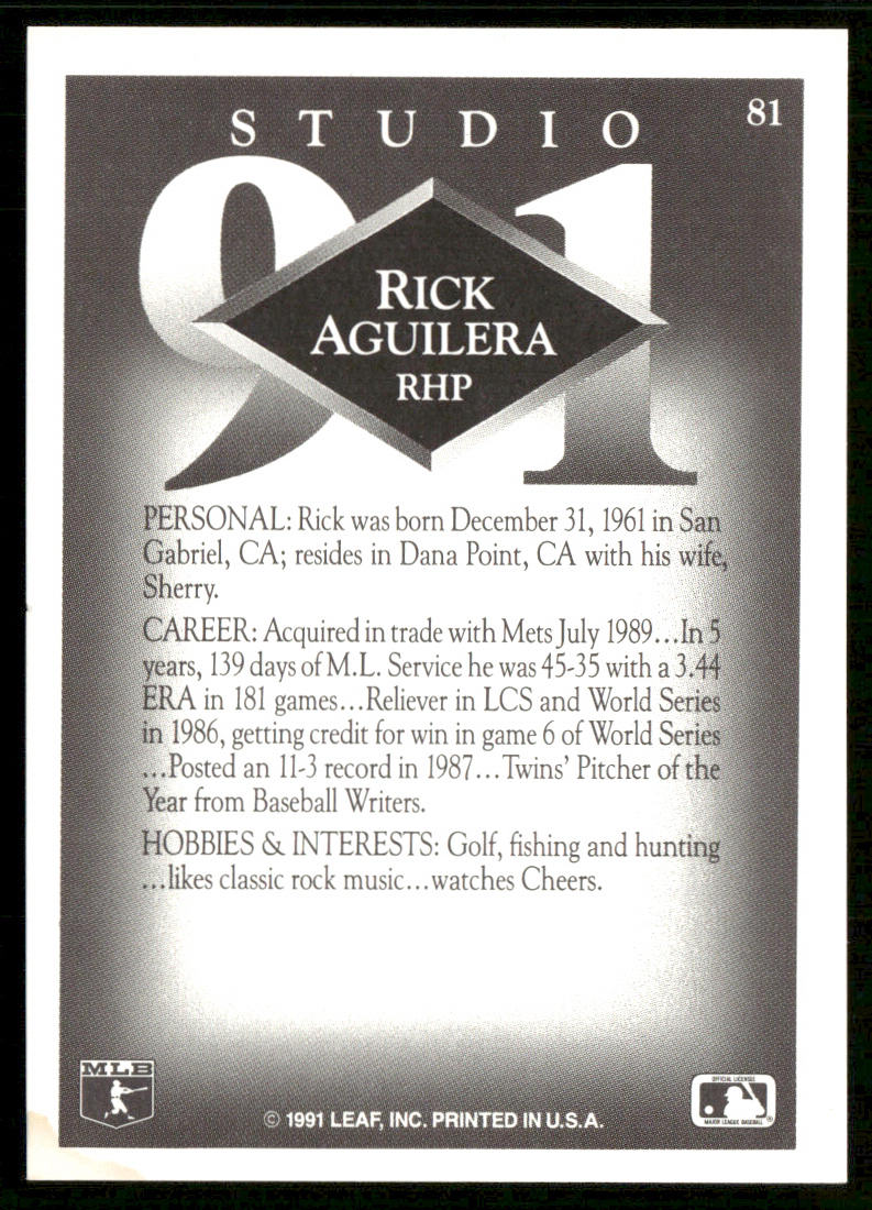 Rick Aguilera 1991 Studio #81 Minnesota Twins back