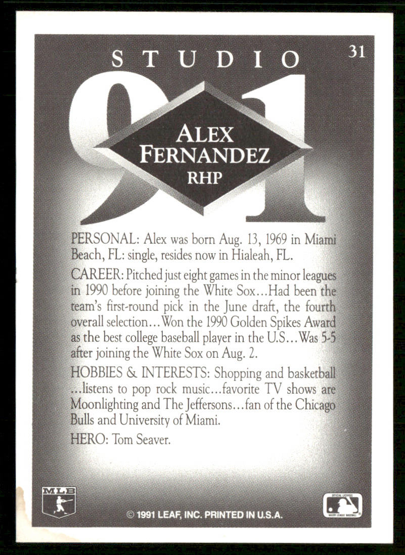 Alex Fernandez 1991 Studio #31 Chicago White Sox back