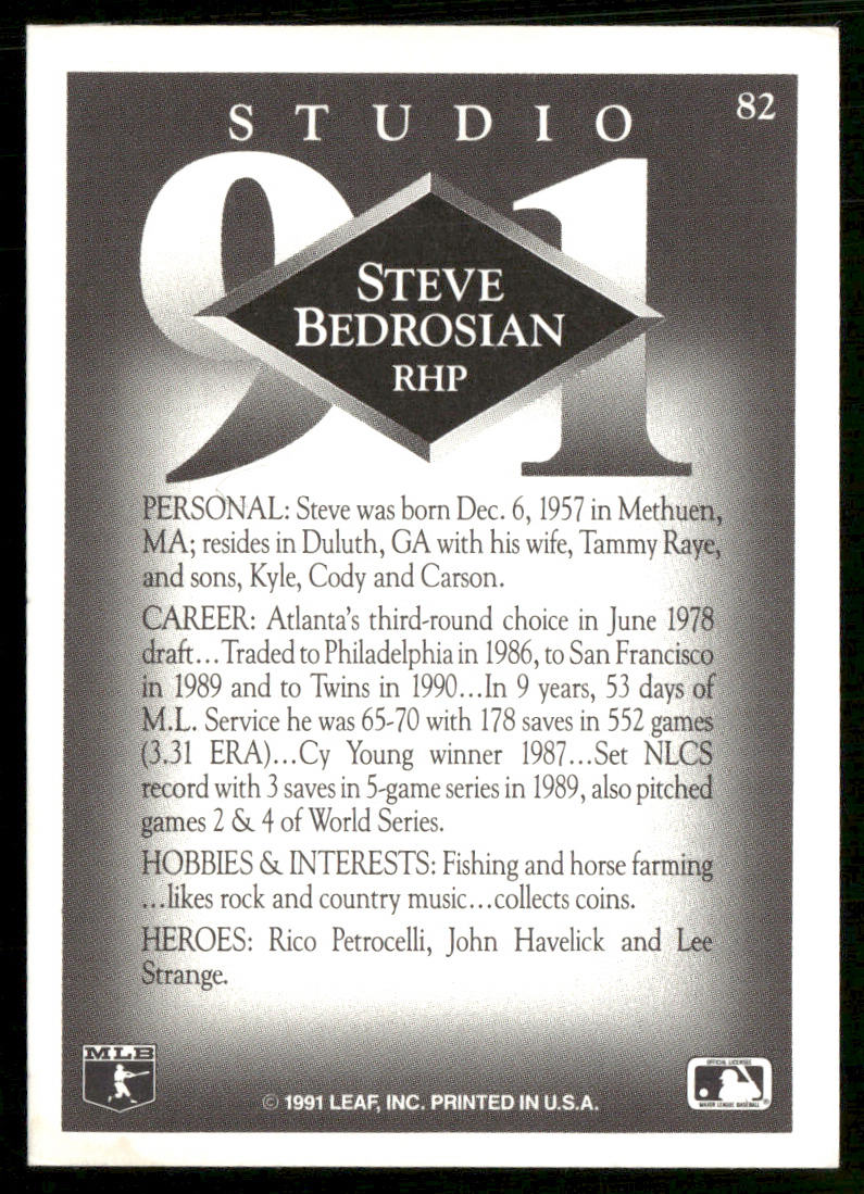Steve Bedrosian 1991 Studio #82 Minnesota Twins back