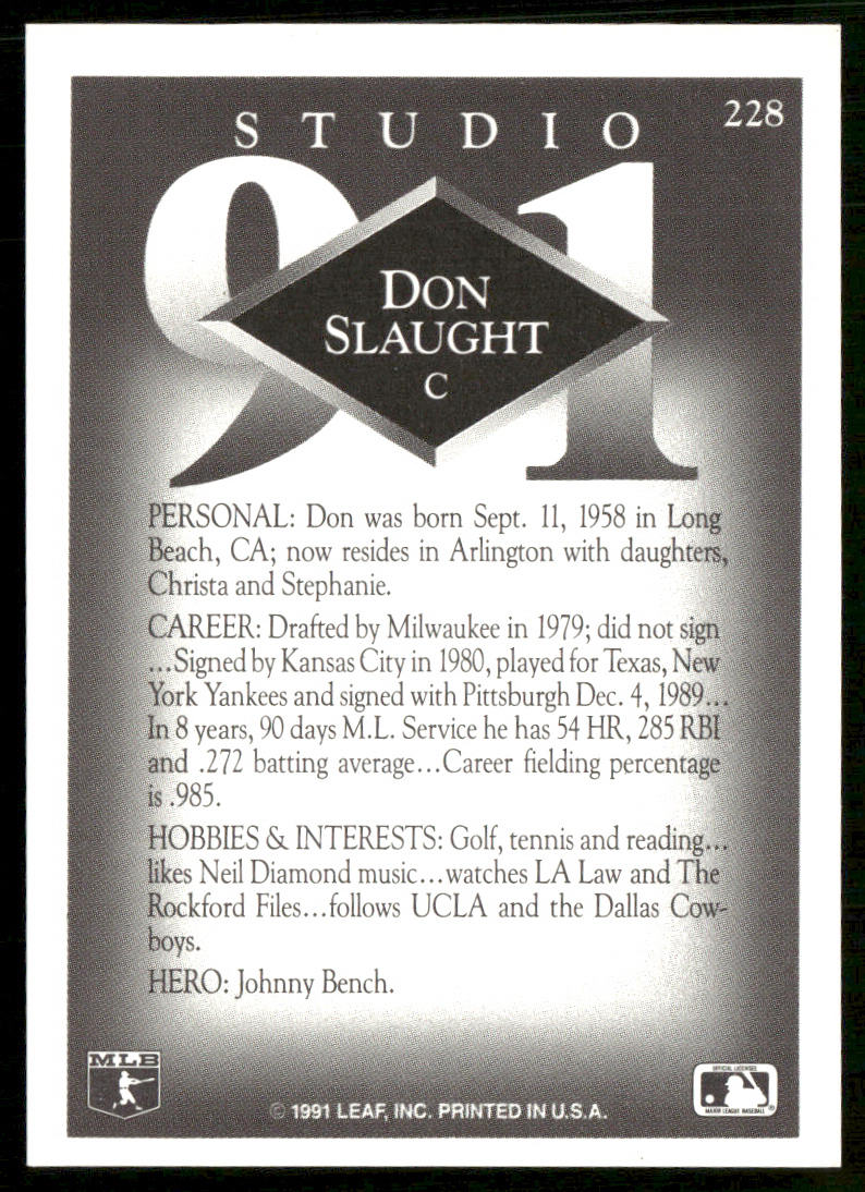 Don Slaught 1991 Studio #228 Pittsburgh Pirates back