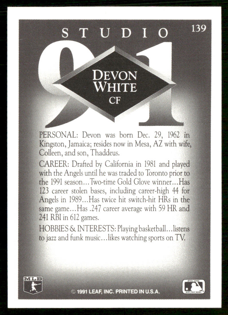 Devon White 1991 Studio #139 Toronto Blue Jays back