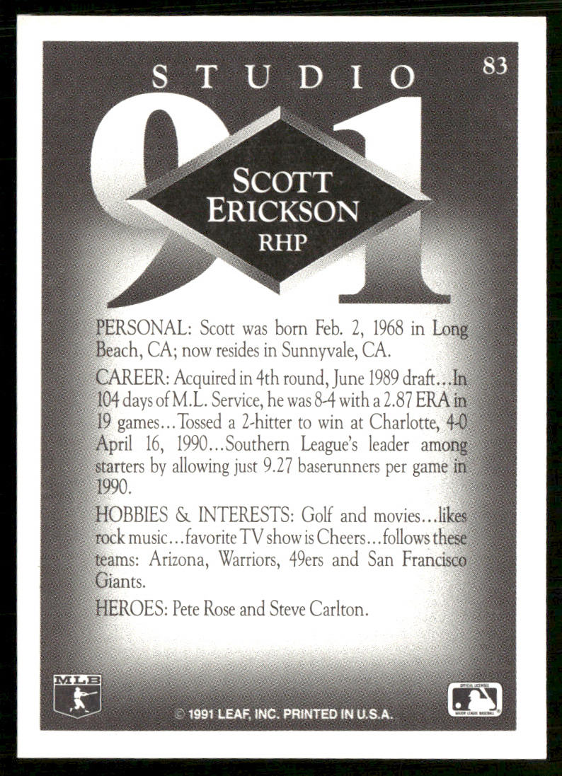 Scott Erickson 1991 Studio #83 Minnesota Twins back