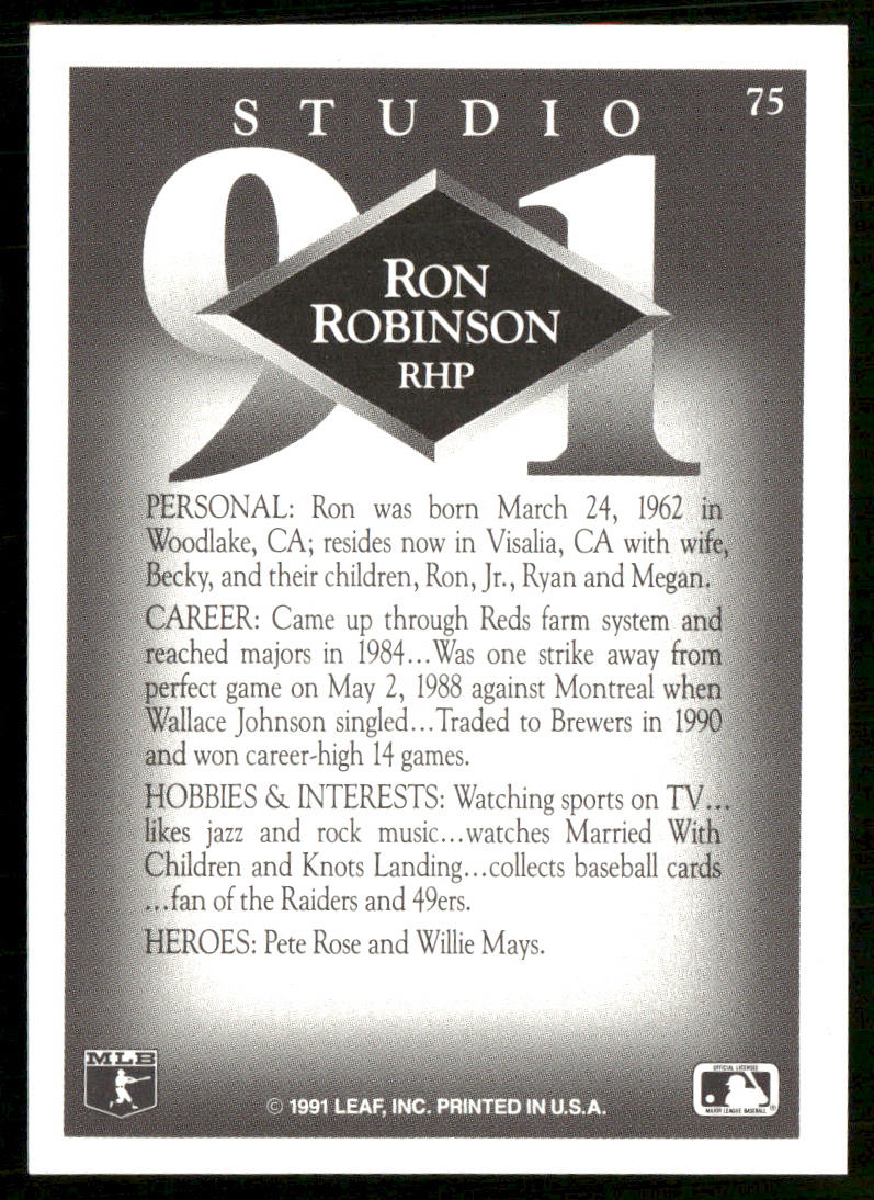 Ron Robinson 1991 Studio #75 Milwaukee Brewers back