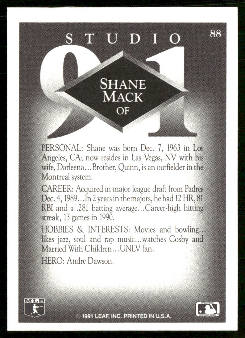 Shane Mack 1991 Studio #88 Minnesota Twins back