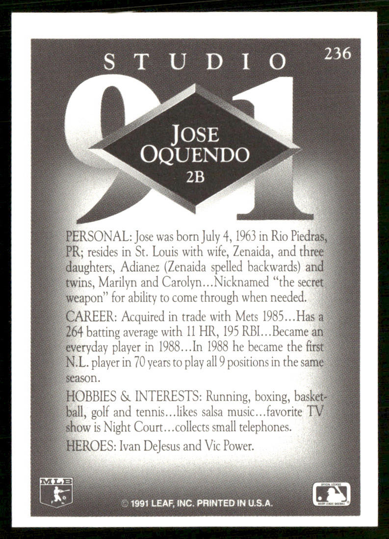 Jose Oquendo 1991 Studio #236 St. Louis Cardinals back