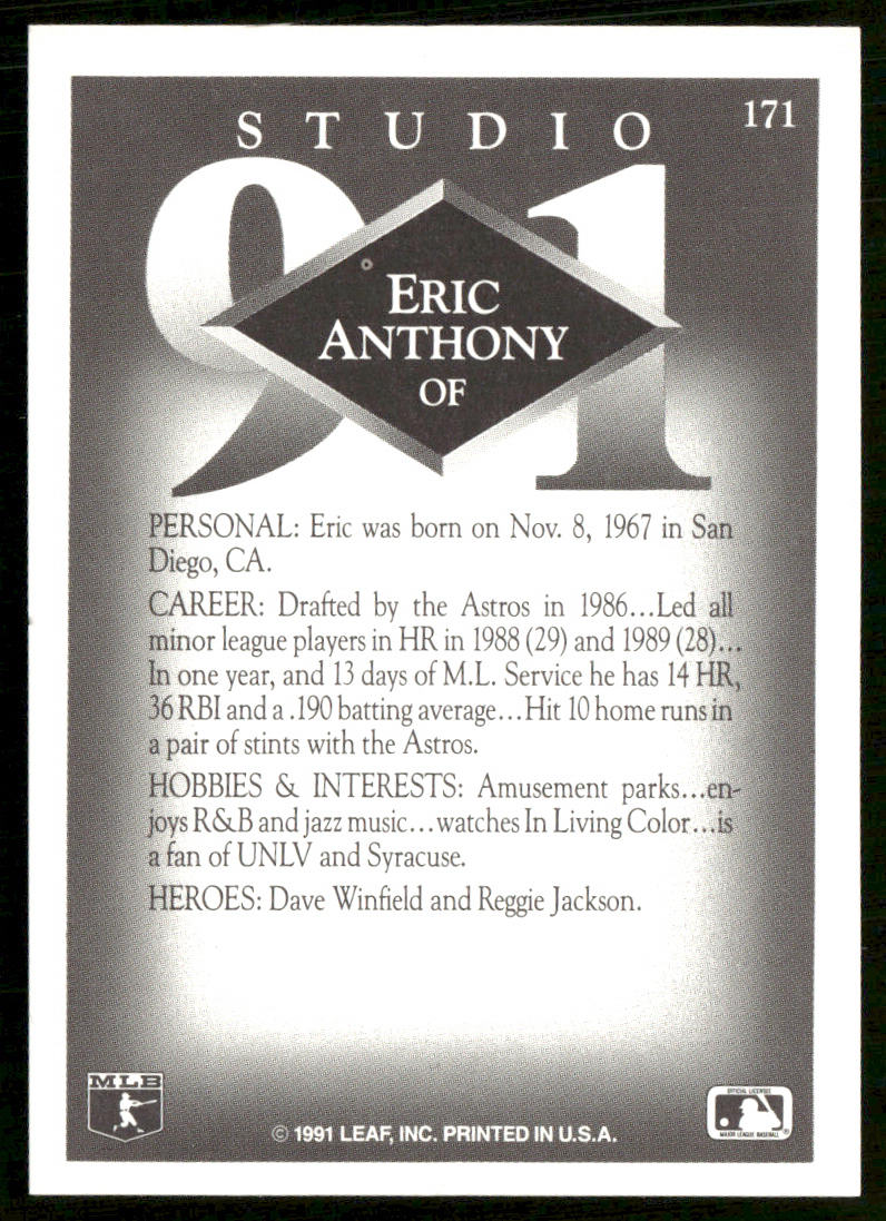Eric Anthony 1991 Studio #171 Houston Astros back